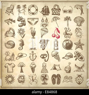 hand draw sketch summer icons collection Stock Photo