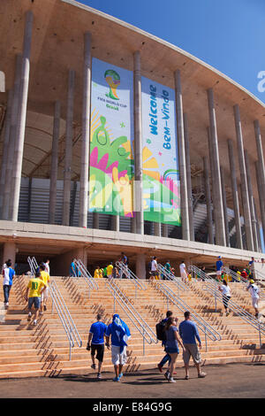 Football fans outside National Mane Garrincha Stadium for World Cup match, Brasilia, Federal District, Brazil Stock Photo