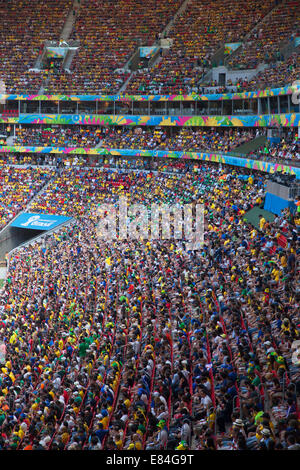 Football fans inside National Mane Garrincha Stadium for World Cup match, Brasilia, Federal District, Brazil Stock Photo