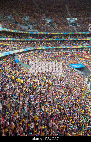 Football fans inside National Mane Garrincha Stadium for World Cup match, Brasilia, Federal District, Brazil Stock Photo