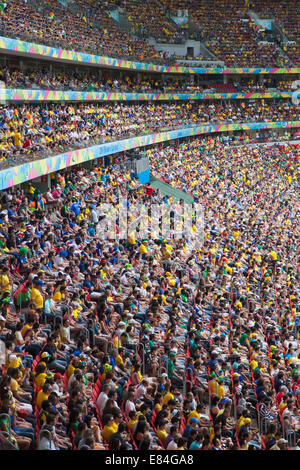 Football fans inside National Mane Garrincha Stadium for World Cup match, Brasilia, Federal District, Brazil Stock Photo