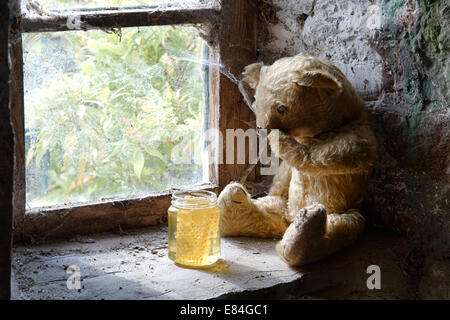 Threadbare One Eyed Teddy bear on an old window ledge looking at a pot of honey Stock Photo