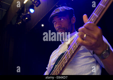 Bass player Bernard Georges during soundcheck. Throwing Muses at the Islington Assembly Hall, London, UK. Stock Photo