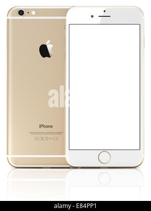 Apple Gold iPhone 6 Plus with white blank screen.The new iPhone with higher-resolution 4.7 Stock Photo
