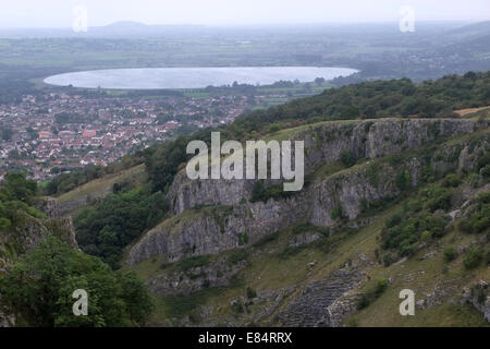 View of the village of Cheddar from the gorge with the reservoir in the background. 29th August 2014 Stock Photo