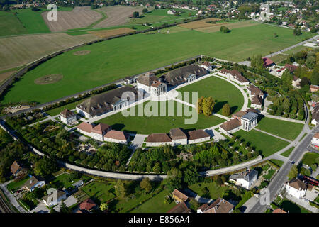 AERIAL VIEW. Royal Saltworks. Saline Royale of Arc-et-Sénans, Doubs, Bourgogne-Franche-Comté, France. Stock Photo