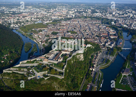 AERIAL VIEW. Fortifications at the narrowest part of a meander on the Doubs River and overlooking the old town of Besançon. France. Stock Photo