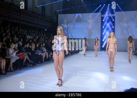 SYDNEY, AUSTRALIA - SEPTEMBER 27: A model showcases designs for MacGraw on the runway during MB Presents Australian Style show at Mercedes-Benz Fashion Festival Sydney at Sydney Town Hall on September 27, 2014 in Sydney, Australia. Stock Photo