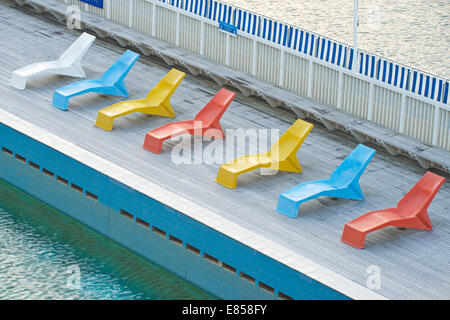 Deckchairs beside the pool at Parnell Baths, Auckland, North Island, New Zealand Stock Photo