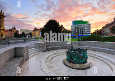 Zagreb Academy of Music and fountain of life by Ivan Mestrovic Stock Photo
