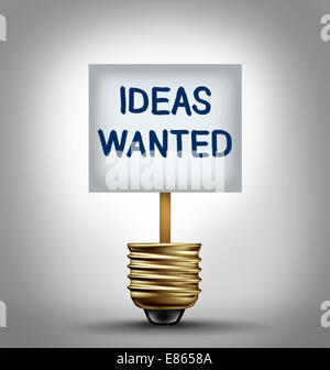 Ideas wanted concept and talent search symbol as a sign with a classified ad symbol in an empty lightbulb as a search for new innovative thoughts as an icon of business modernization. Stock Photo