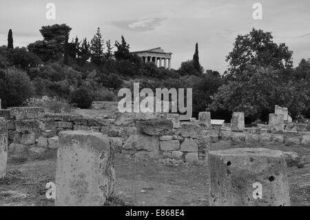 View to the temple of hephaestus from the ruins of the ancient agora in Athens, Greece. Black and white. Stock Photo