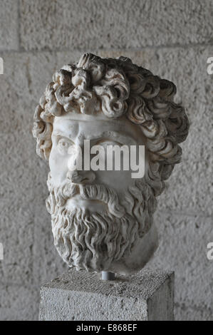 Head of bearded man portrait greek statue marble bust at the ancient agora of Athens, Greece. Stock Photo