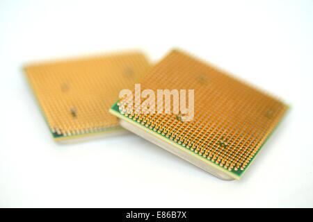 Closeup of a computer processor with golden pins over a white background Stock Photo