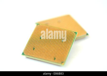 Closeup of a computer processor with golden pins over a white background Stock Photo