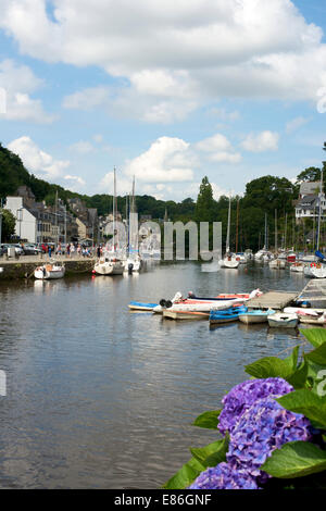 The River Aven, Pont Aven, Brittany, France. with blue Hydrangea (Hortensia) flowers in the foreground Stock Photo