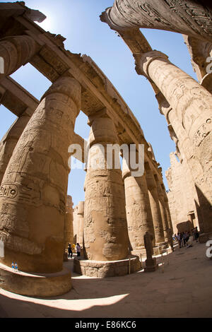 Egypt, Luxor, Karnak Temple, columns of Great Hypostyle Hall, fish eye wide angle distortion Stock Photo