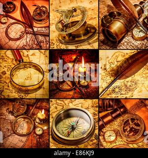 Vintage still life - spyglass, pocket watch, old book and goose quill ...