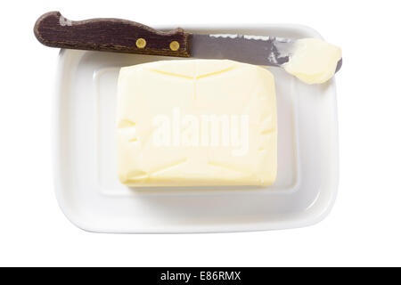 Butter in dish with knife Stock Photo