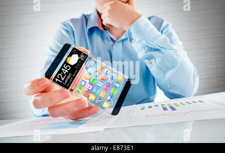 Smartphone (phablet) with a transparent display in human hands. Concept actual future innovative ideas and best technologies humanity. Stock Photo