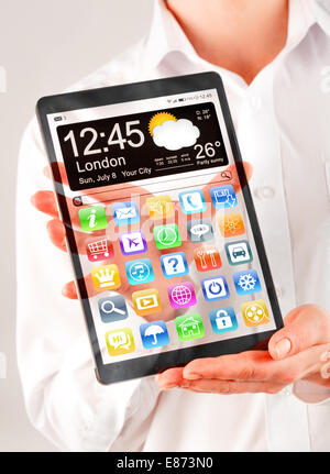 Tablet with a transparent display in human hands. Concept actual future innovative ideas and best technologies humanity. Stock Photo