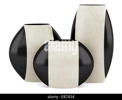 three black and beige ceramic vases isolated on white background Stock Photo