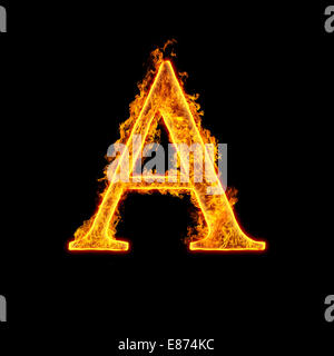 Fire alphabet letter A isolated on black background. Stock Photo