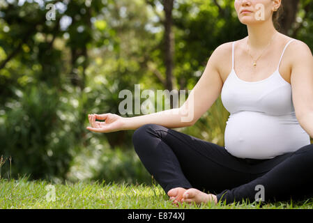 Cropped view of white beautiful pregnant woman doing yoga exercise in park sitting on grass, lotus position. Copy space Stock Photo