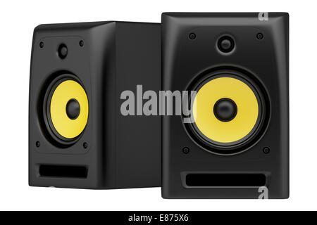 two black audio speakers isolated on white background Stock Photo