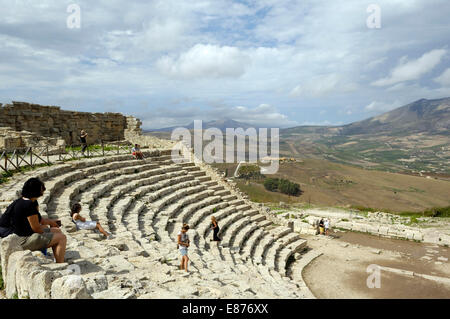 view  on the Greek theater at Segesta, near Calatafimi in Sicily Stock Photo