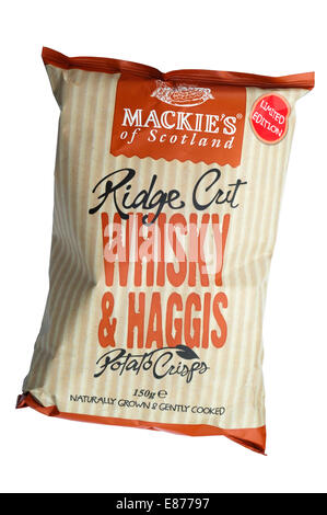 A packet of Mackie's of Scotland Ridge Cut Whisky & Haggis potato crisps. Stock Photo