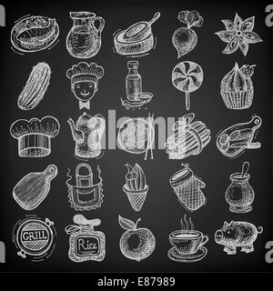 25 sketch doodle icons food on black background Stock Photo