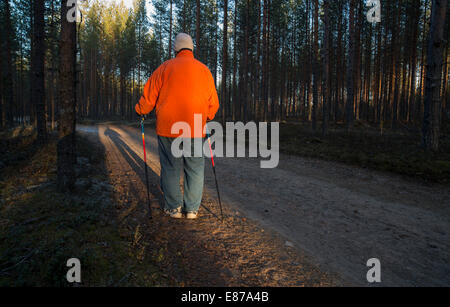 Elderly senior woman standing in the taiga forest with nordic walking poles , Finland