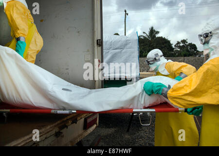 The team in charge of burning the bodies of Ebola victims at MSF load full body bags into the back of the transport truck. Monro Stock Photo
