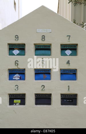 Many letterboxes or mailboxes at an apartment complex in Fremantle, Western Australia, Australia. Stock Photo