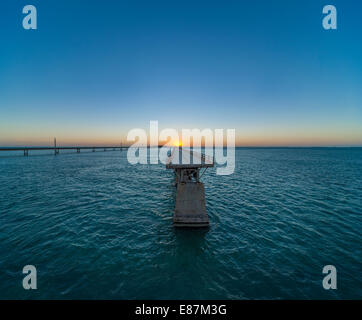 Historic or Old Seven Mile Bridge, with missing segment of The Overseas Highway, seen from Pigeon Key in the Florida Keys. Stock Photo