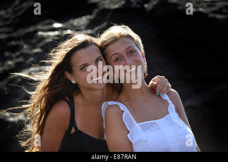 Two young women, girlfriends, Lanzarote, Canary Islands, Spain Stock Photo