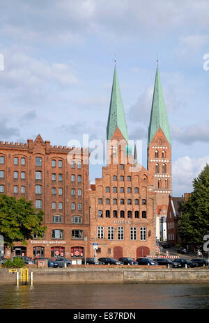 Historic centre with the Marzipan-Speicher warehouse on Untertrave or Trave River, Lübeck, Schleswig-Holstein, Germany Stock Photo