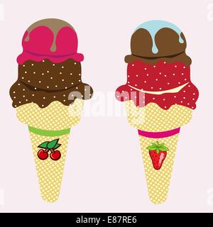 Vector illustration of cool ice cream cones with different flavors Stock Vector