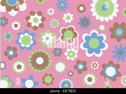 Vector illustration of multicolored funky flowers abstract pattern on pink background Stock Vector