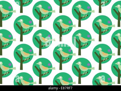Vector illustraition of bird on the stylized tree. Retro wallpaper pattern. Stock Vector