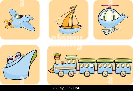 Vector Illustration of transportation icons. Includes airplane, sailboat, helicopter, ship and train on the biege background. Stock Vector
