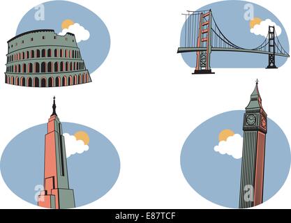 Vector illustration of All Over the World Travel. Includes the icons of Coliseum, Golden Gate, Big Ben and Empire State Building . Stock Vector