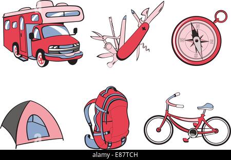 Vector illustration of Outdoor and camping icons. Includes icons of  compass, Travel Trailer, penknife, tent, rucksack and bicycle. Stock Vector