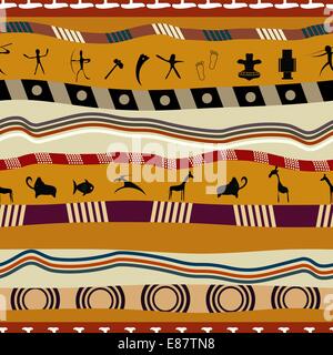 Seamless pattern in tribal style, with figures of animals and people Stock Vector