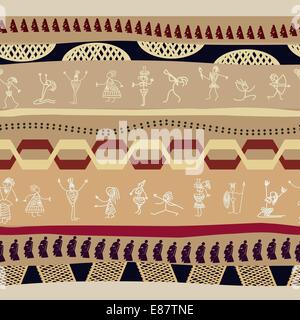 Seamless  tribal pattern with silhouettes of the primitive people and mask Stock Vector