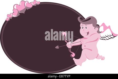 Vector illustration of beautifull frame decorated with angel on the violet background. Cupid with arch and arrow. Stock Vector