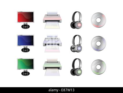 Vector illustration of glossy technological gadgets icons: LCD Display, head - phones, printer and disc Stock Vector