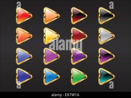 Vector illustration of modern, shiny, triangle arrow buttons on the black background. Stock Vector