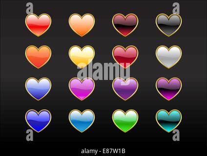 Vector illustration of modern, shiny, heart shape buttons on the black background. Stock Vector